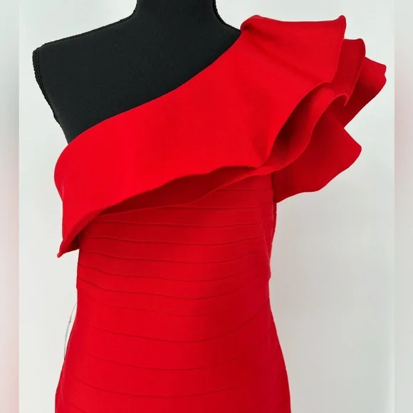 VENUS dramatic‎ Red Ruffle Bandage Bodycon Dress One Shoulder Sleeveless - Picture 5 of 13